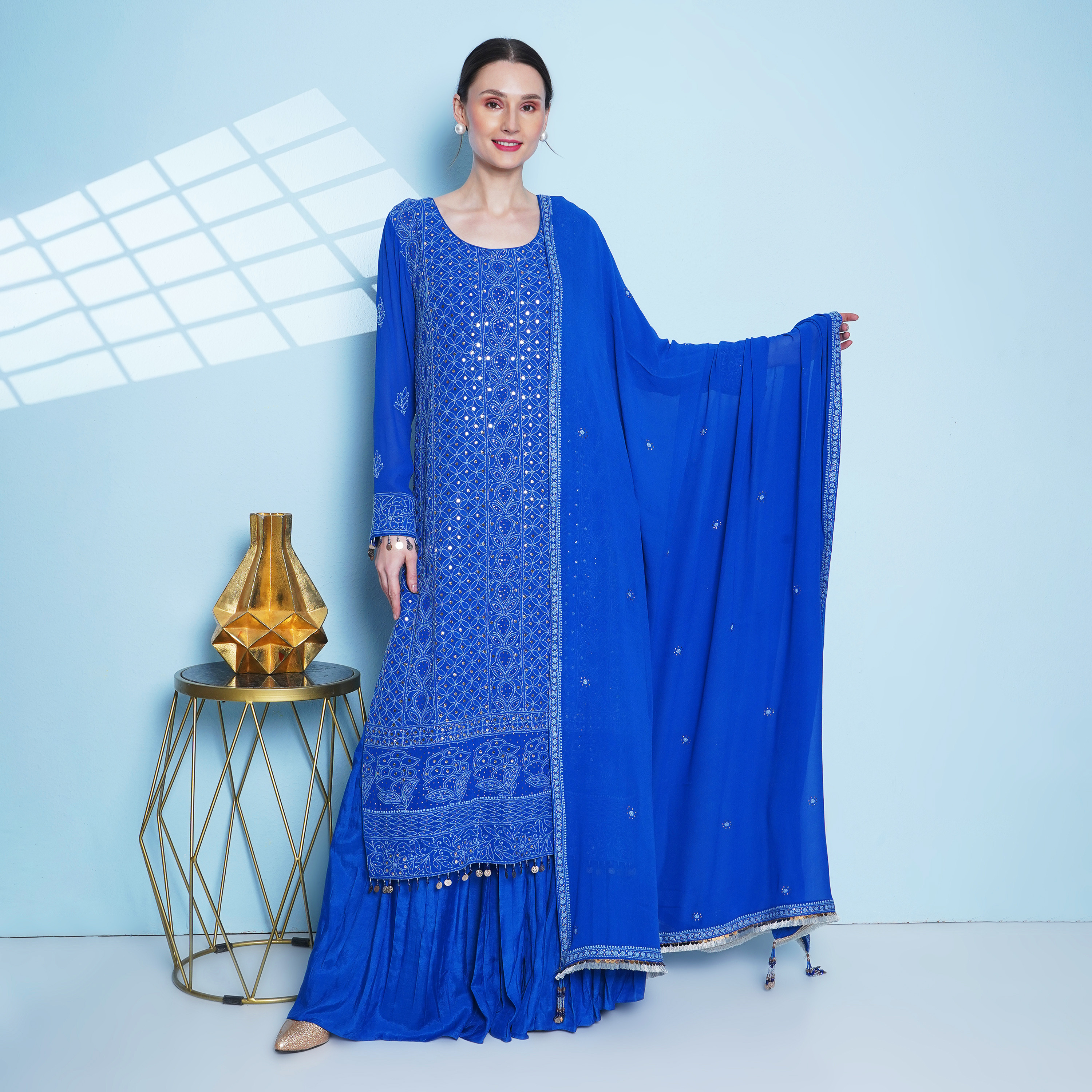 Royal blue Chikankari hand embroidered long tunic and dupattas, worn with sharara
